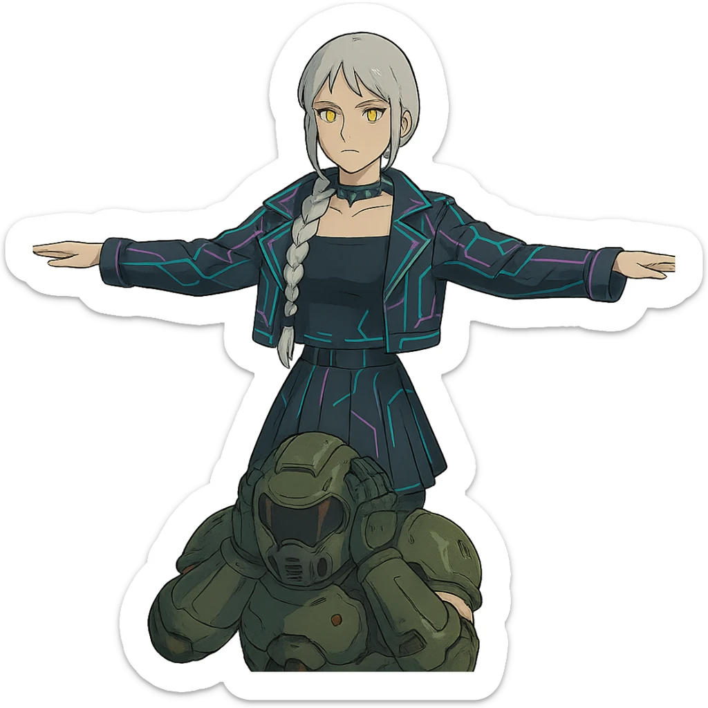  young woman with gold yellow eyes, white hair, long braid, black off-shoulder top, punk gothic style, futuristic cyberwave cyberpunk,, she is calmly t-posing above a cowering doomguy sticker