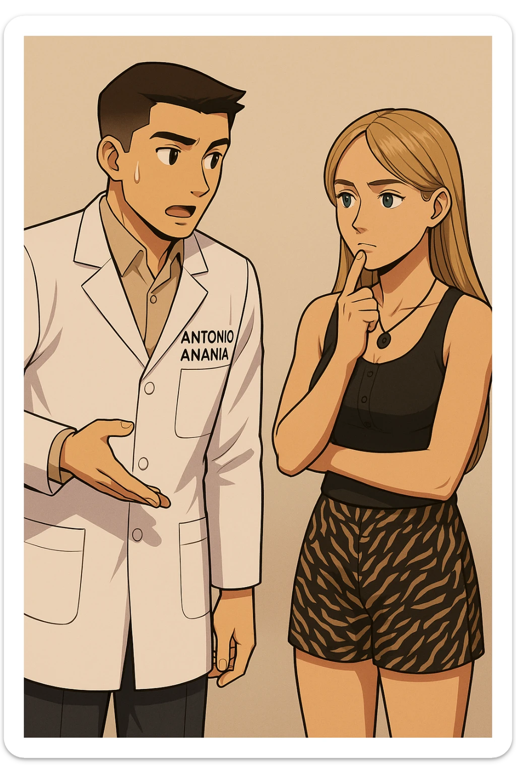 fai un webtoon/manga a colori con questo kinesiologo in camice bianco (fagli la scritta "ANTONIO ANANIA" SUL CAMICE) CHE PARLA CON QUESTA RAGAZZA CON GLI OCCHI AZZURRI. la ragazza HA UN DITO SUL MENTO MENTRE PENSIEROSA gli fa una domanda e IL KINESIOLOGO CON IL CAMICE BIANCO LE risponde. NON FARE I FUMETTI, FAI SOLO LORO COME SE DIALOGASSERO sticker