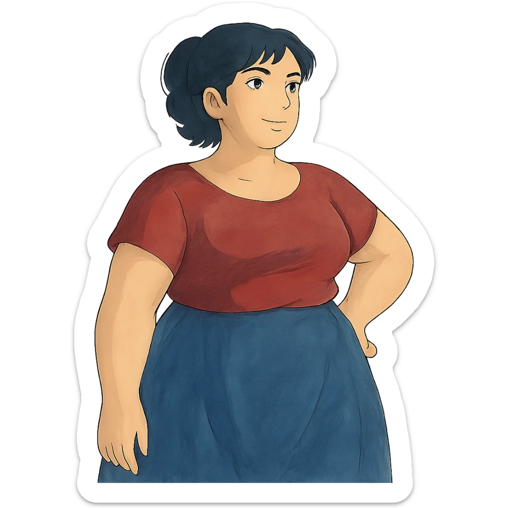ghibli style soft and artistic illustration of a confident woman with a curvy figure sticker