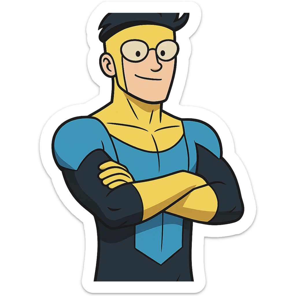 invincible superhero in blue and black suit with yellow details arms crossed cartoon style sticker