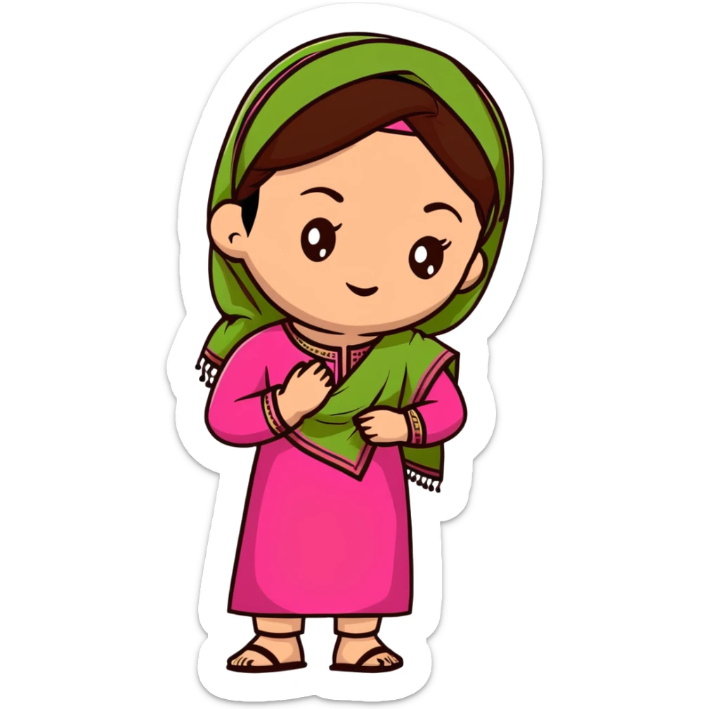girl with light wheatish skin, dark brown hair, wearing dark pink kurti with sage green dupatta on head sticker