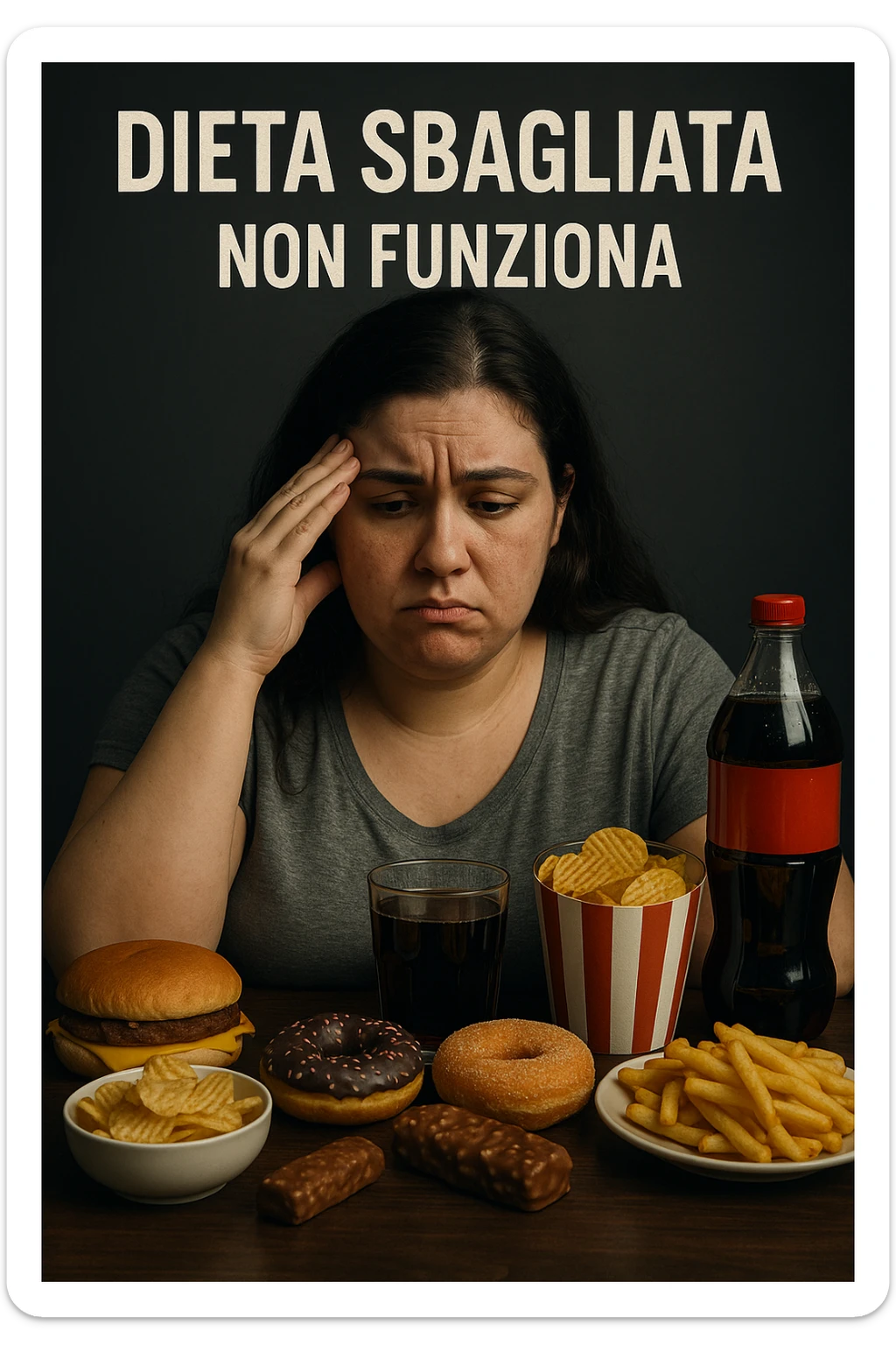 vertical realistic cinematic image in Italian: woman with polycystic ovary syndrome doing generic diets, visibly dissatisfied or confused, with wrong diet foods and captions in Italian, aspect ratio 2:3 sticker