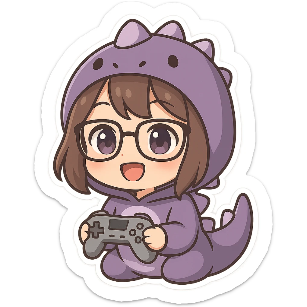 chibi anime style gamer girl with glasses, brown hair, dark purple eyes, wearing a purple dinosaur costume, happy emote, no controller sticker