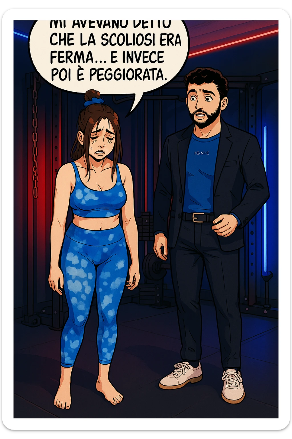 fai questa immagine in versione fumetto/manga/webtoon a colori, il manga mostra la donna disperata con un fumetto sulla testa che dice:
Mi avevano detto che la scoliosi era ferma… e invece poi è peggiorata.
 sticker