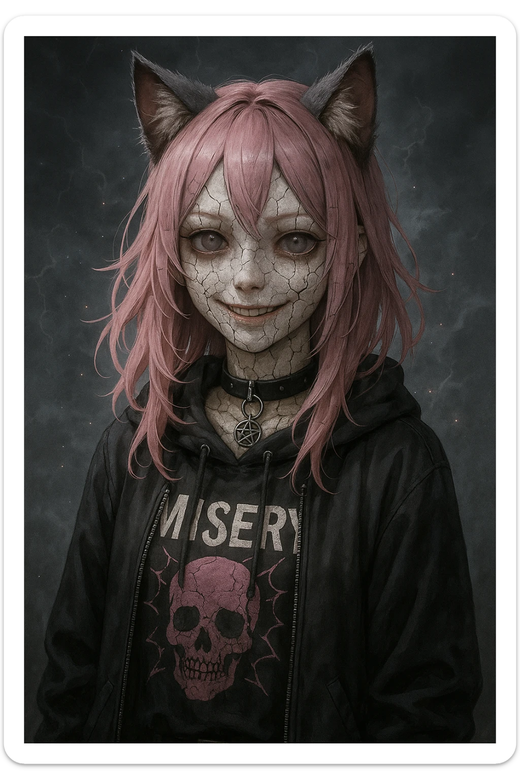 realistic anime catgirl with pink hair, emo streetwear, heart tattoo under left eye, dark magical accessory, sparkles, stormy background, cracked porcelain doll horror look with cracked skin, glassy eyes, eerie smile sticker