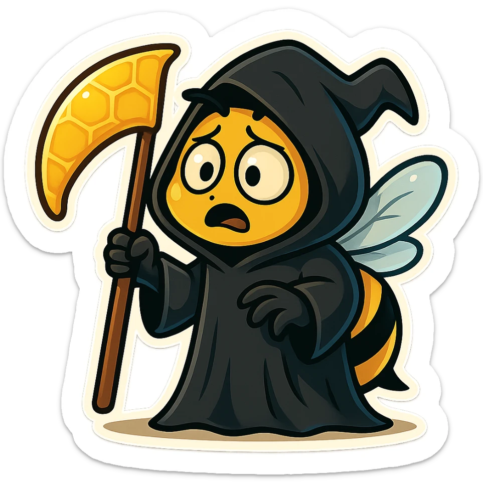 Change the scythe to a honeycomb scythe for this spooky cartoon bee grim reaper in retro stickers style. sticker