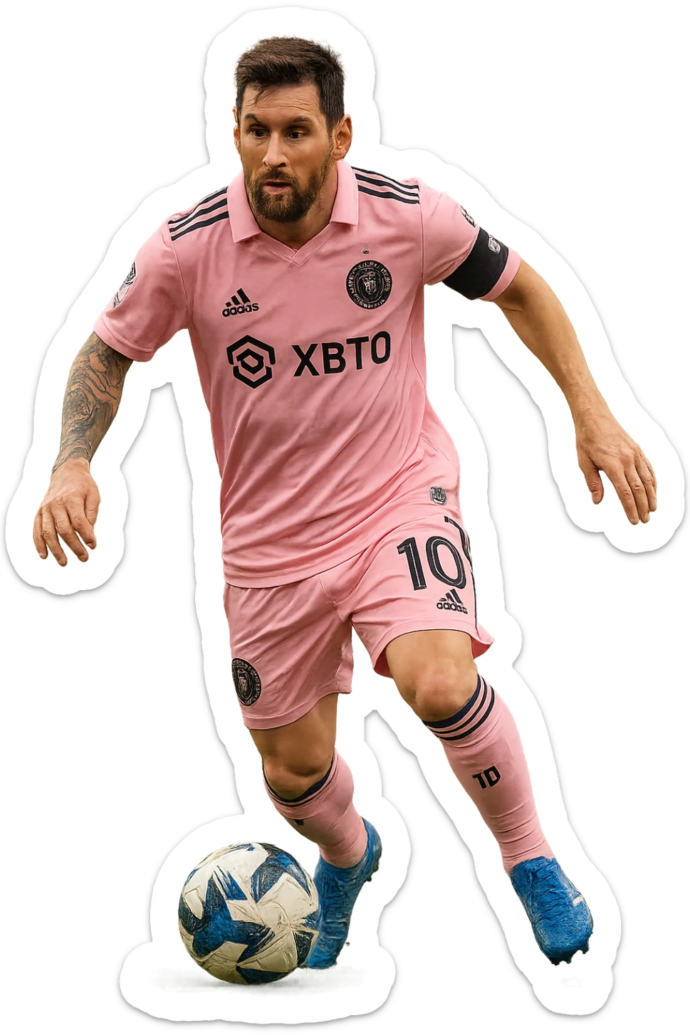 full body portrait of Lionel Messi wearing a pink Inter Miami soccer jersey, realistic style, dynamic pose, detailed facial features, soccer ball at his feet, no background sticker