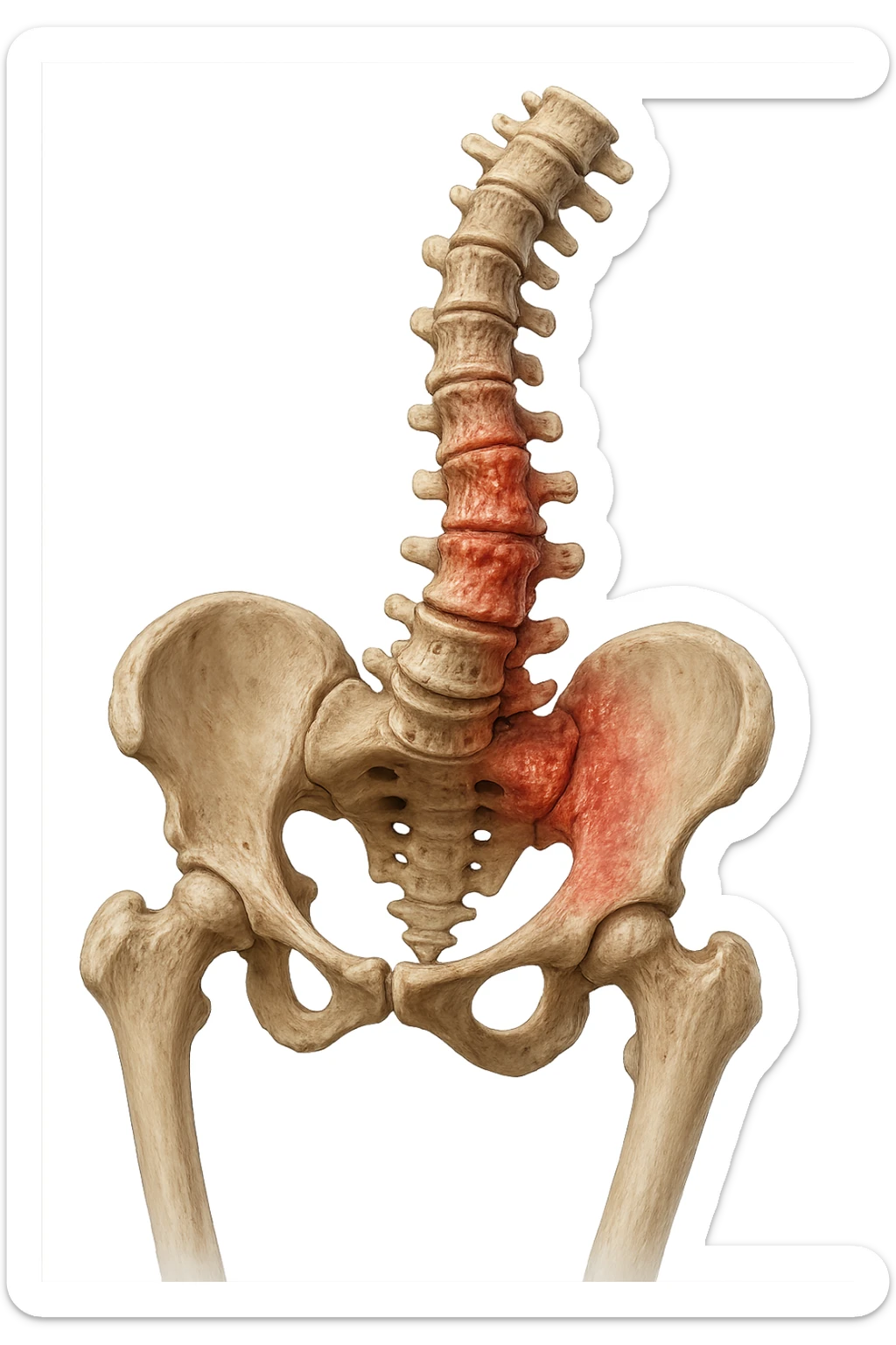 SPINA DORSALE STORTA E INFIAMMATA CON BACINO UMANO ANATOMICO REALISTICO INCLINATO, iperrealistica 4k sticker