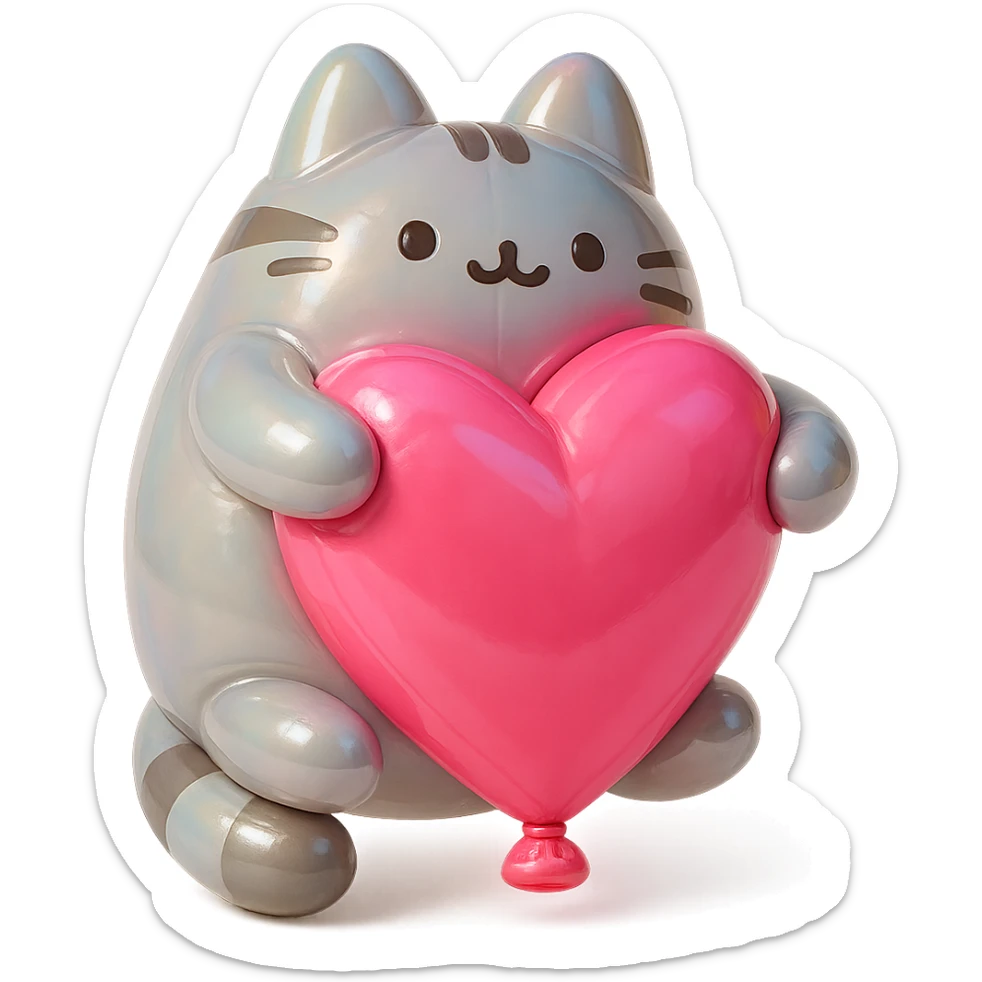 Pusheen hugging a big heart, pastel colors, adorable, balloon style sticker