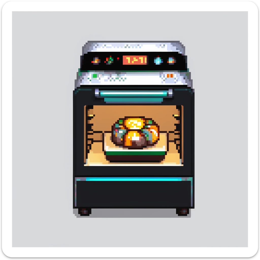 Ein futuristischer Bäcker mit holografischen Zutaten, Laserpräzision und einem Ofen, der mit Lichtstrahlen arbeitet. Interface wirkt wie Glas mit Lichtreflexen, Buttons wie Touchpads mit haptischem Feedback. sticker