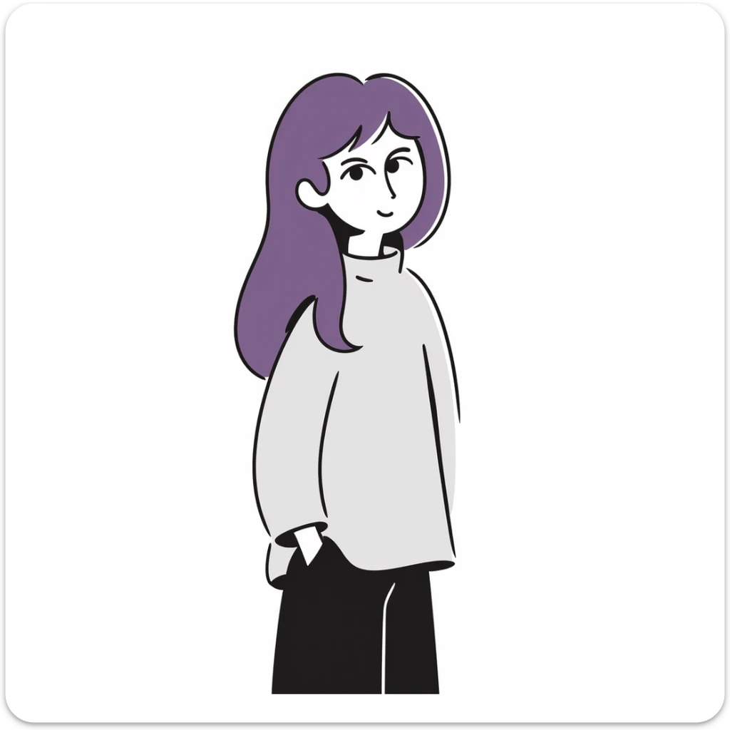 A simple sketch of a girl with long, straight purple hair down to her hips sticker