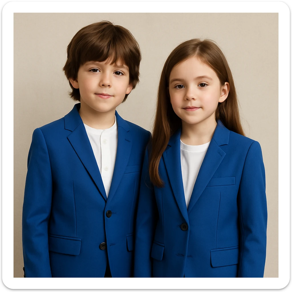 boy and girl together, both in cobalt blue suits, brown hair, neutral background sticker
