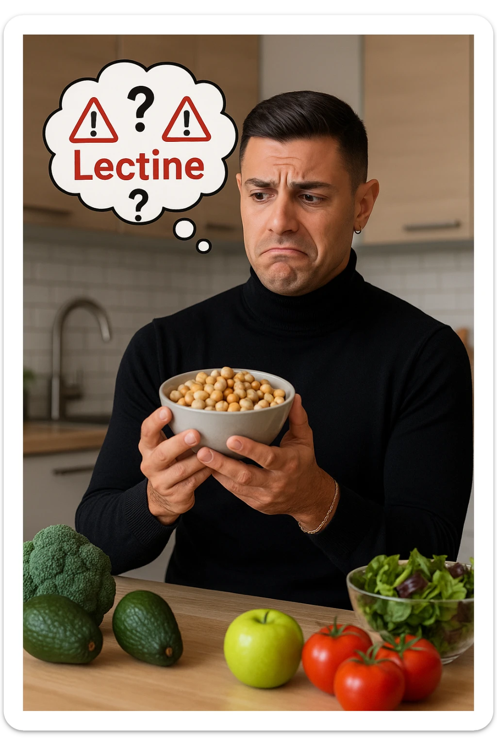 un uomo in cucina tiene in mano una ciotola di legumi (come fagioli o ceci) e li osserva con un’espressione dubbiosa e leggermente preoccupata. Sopra la ciotola, una nuvoletta di pensiero mostra la parola “Lectine” evidenziata in rosso, insieme a simboli di allarme o punti interrogativi. Sullo sfondo, altri alimenti salutari sono visibili sul tavolo, sottolineando il suo scetticismo verso i legumi. sticker