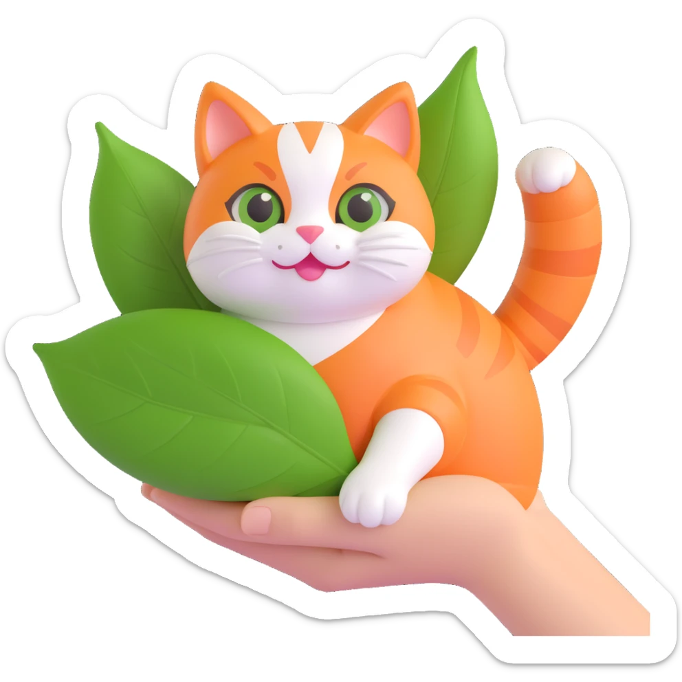 cute 3D iOS style illustration of a hand holding a chubby orange and white cat wrapped in a green leaf, happy expression, round adorable cat with big eyes and small mouth, playful bright 3D style sticker