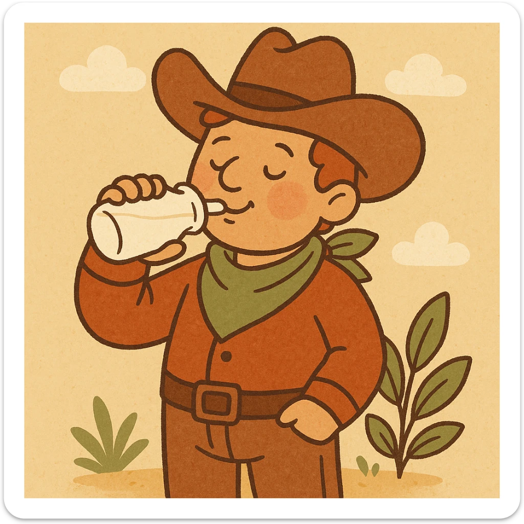a cartoon cowboy with a milk bottle, playful style, warm colors, detailed illustration sticker