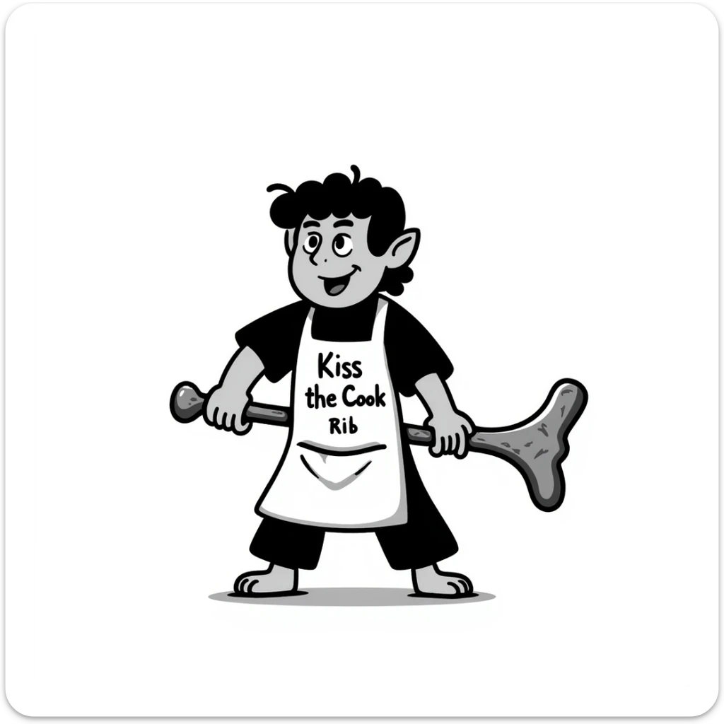 An orc wearing an apron with the text "Kiss the Cook" scratched out and replaced with "Fear the Cook", featuring a giant rib bone as a weapon sticker