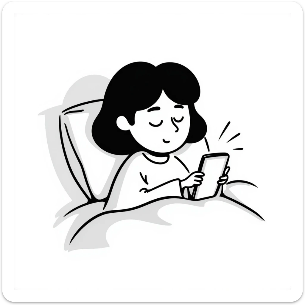 Girl lying in bed, wanting to sleep but not wanting to, staying up late playing with her phone sticker