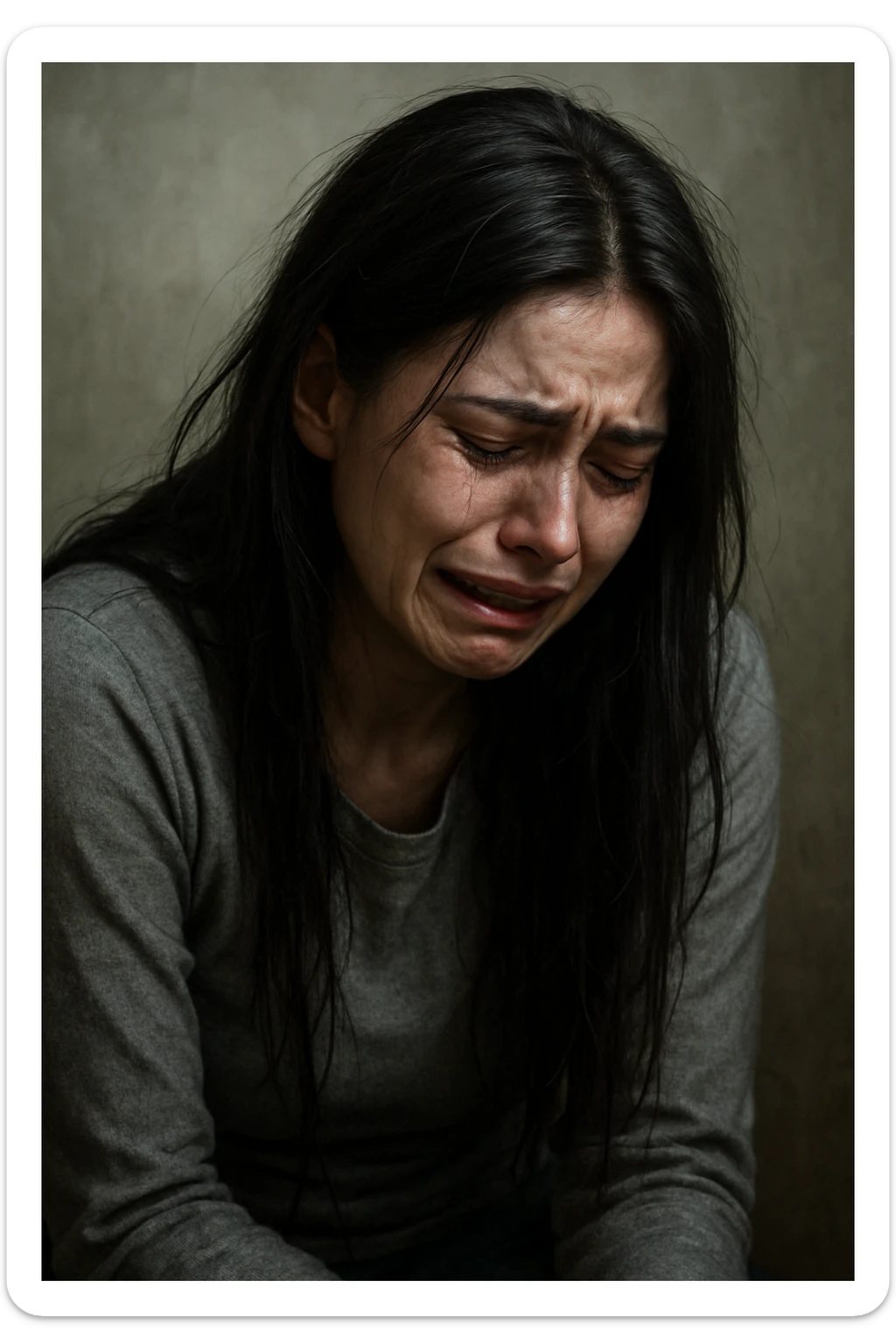 woman with long black hair, crying, slumped posture, emotional distress, mental breakdown sticker