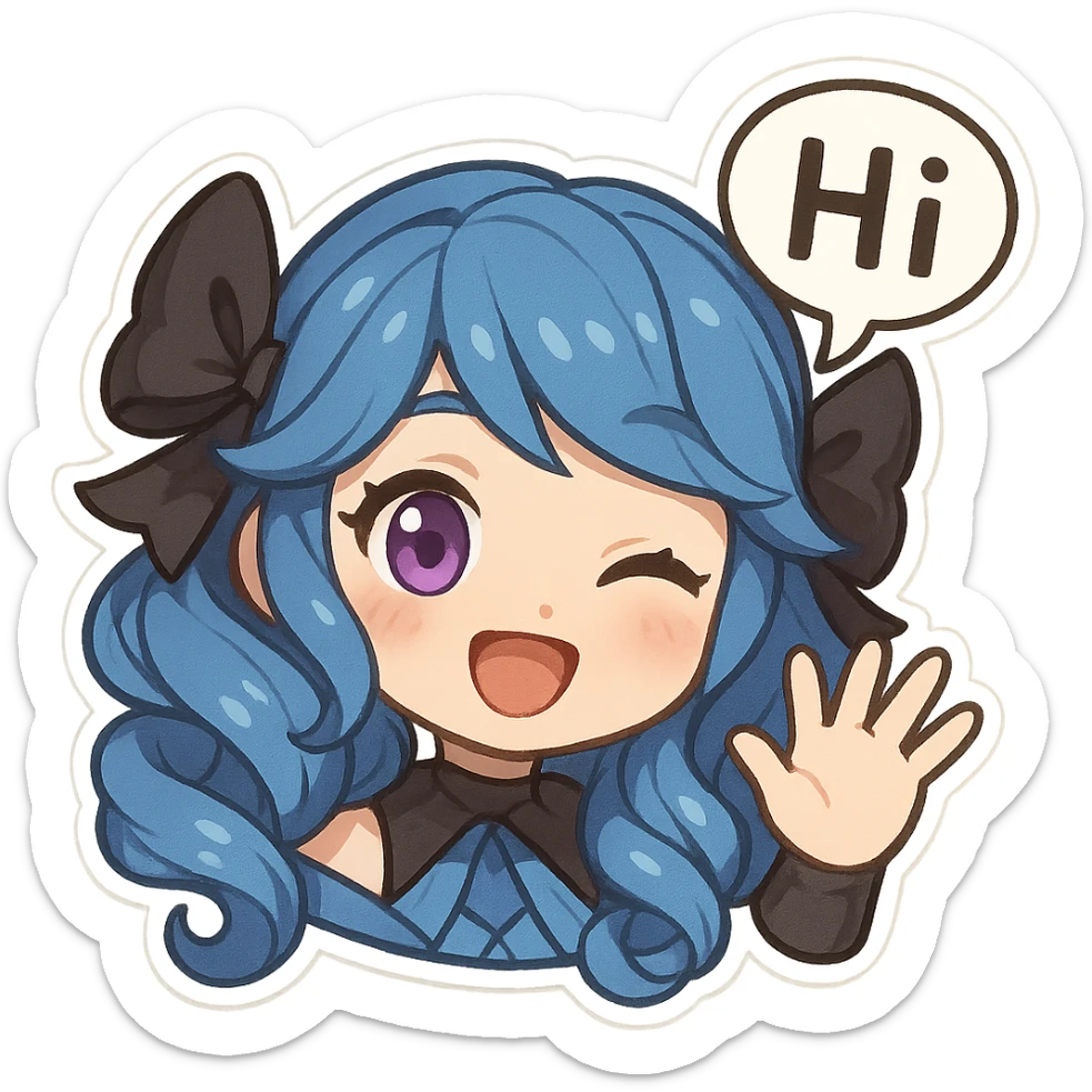 Gwen from League of Legends, hi emote, chibi style, only head, right eye purple, waving hand, sample 4 sticker