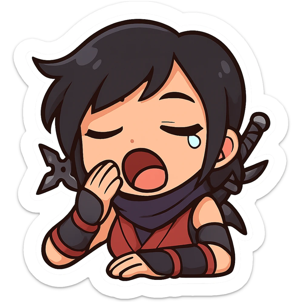 Sexy chibi ninja girl with black short hair and a blonde streak, only head and arms, colorful chibi style with bold outlines, transparent background, no mask, yawning expression with a little tear at the corner of one eye, sized for Twitch emoji use. sticker