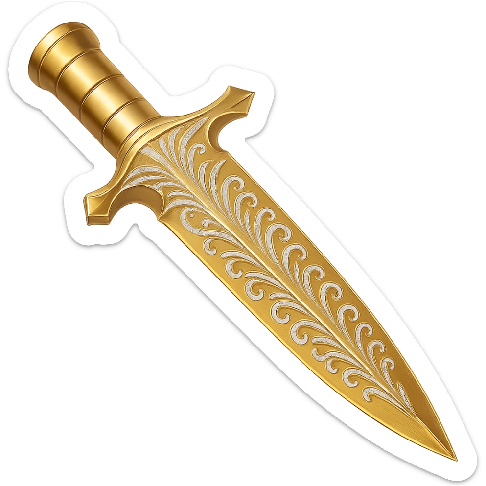 Recolor this weapon to a plated gold color with ornate engravings inlaid with silver. The gold should be rich and metallic, and the engravings should have a bright, reflective silver finish. Transparent background. sticker