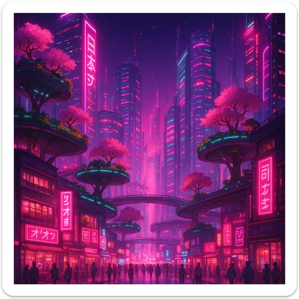 a futuristic pink paradise cityscape with neon lights, floating gardens, and a serene atmosphere, in four distinct visual interpretations sticker