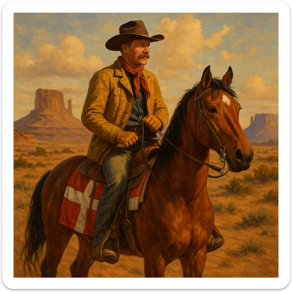 Danish cowboy riding a horse with Danish flag on the saddle in a western landscape sticker
