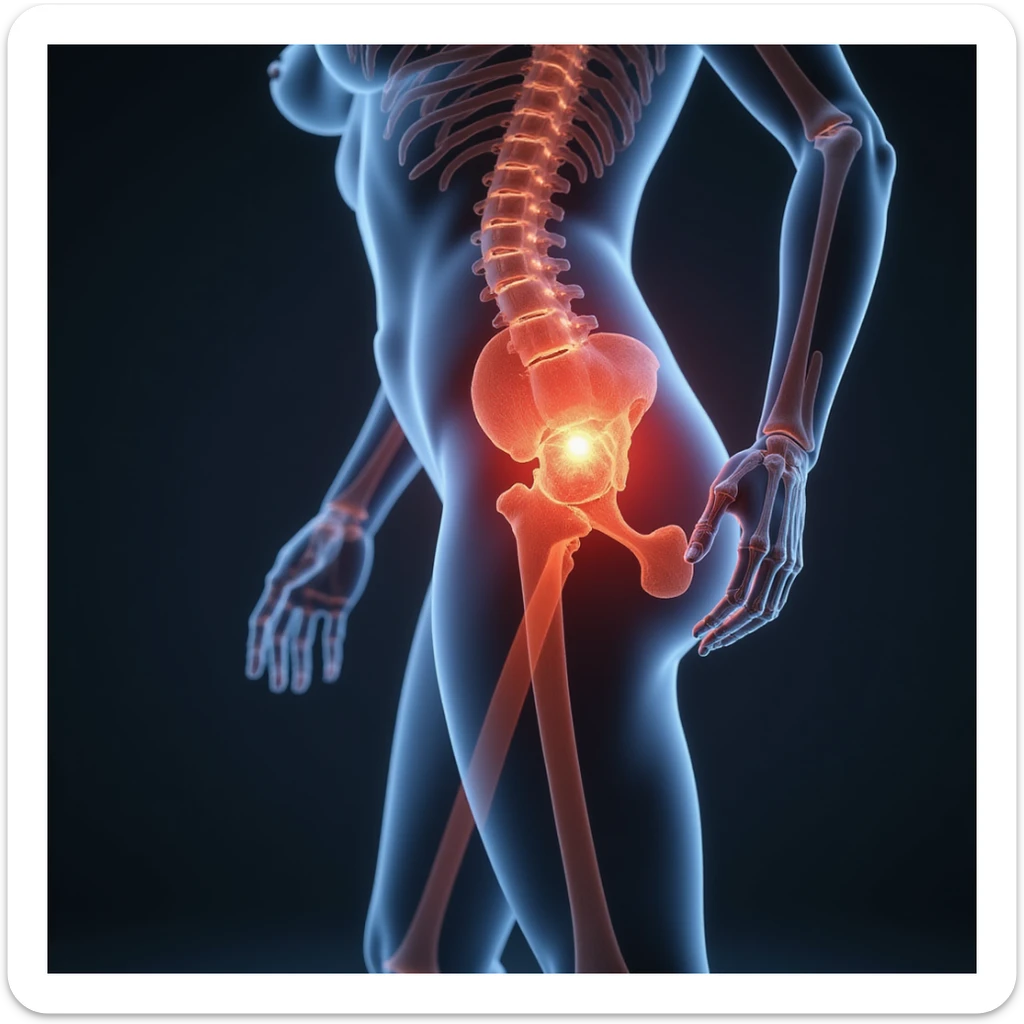 Anatomical view of piriformis muscle on a woman in stretching position, highlighted in red in the gluteal region, bones and other muscles visible in transparency, hyperrealism 4K, white background sticker