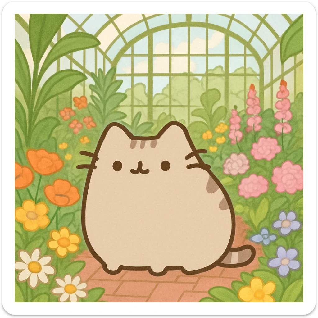 beige pusheen-style kitten in a botanical garden greenhouse filled with flowers sticker