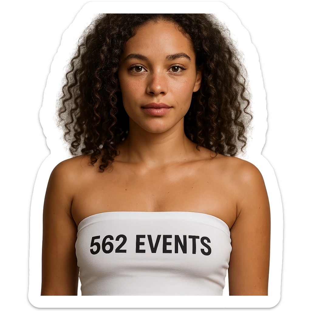 realistic woman with features of both Caucasian and African American heritage, wearing a white tube top labeled '562 Events' sticker