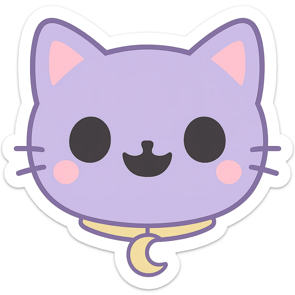 Create an image of just the head of a purple cat with fully black eyes, a wide open black smile with no teeth, and a visible gold moon pendant. The background should be removed, leaving only the cat's head and pendant visible. sticker