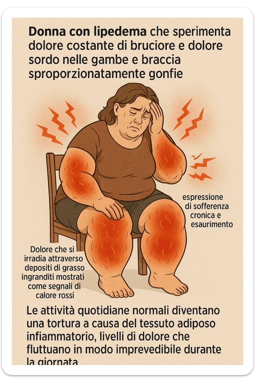 "Woman with lipedema experiencing constant burning and aching pain in disproportionately swollen legs and arms, pain radiating through enlarged fat deposits shown as red heat signatures, expression of chronic suffering and exhaustion, normal daily activities becoming torture due to inflammatory adipose tissue, pain levels fluctuating unpredictably throughout the day" scritte in italiano sticker