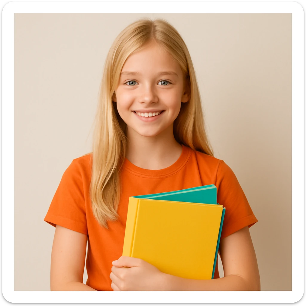 blonde girl in an orange t-shirt holding folders, simple background sticker