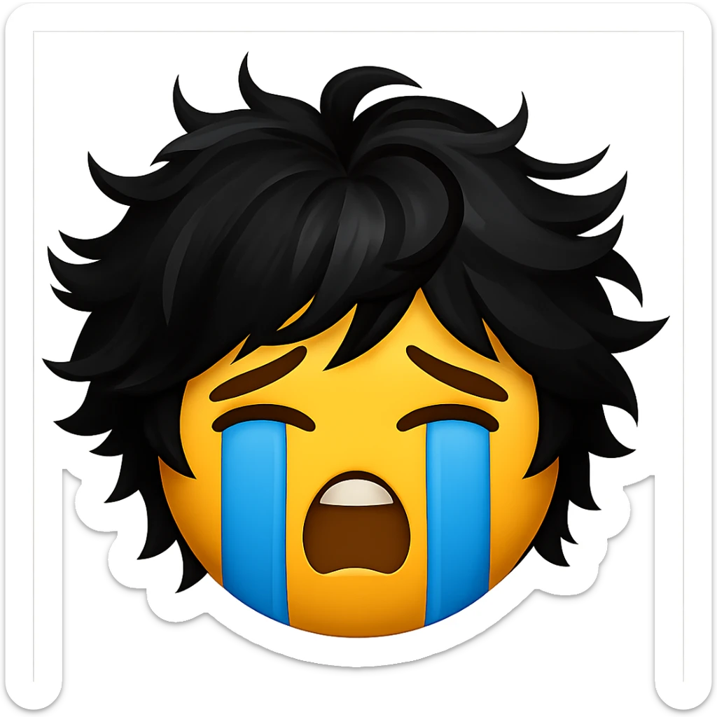 Combine the messy black hair from the first image naturally on top of the classic sob emoji face from the second image, creating a single cohesive emoji. Keep the style consistent with the sob emoji and maintain a transparent background. sticker