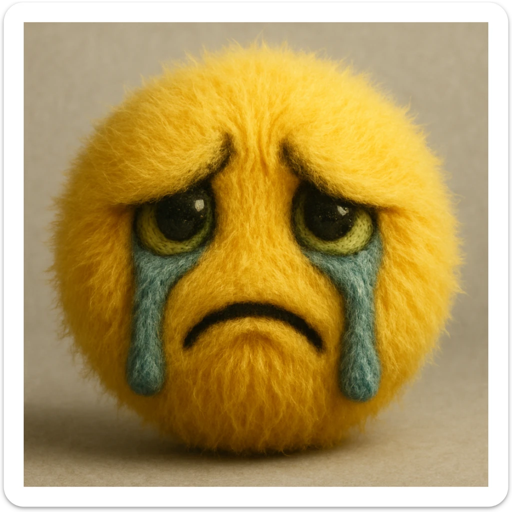 a yellow fuzzy ball face, looking sad and envious, with tears made of fur and a deeply emotional expression sticker
