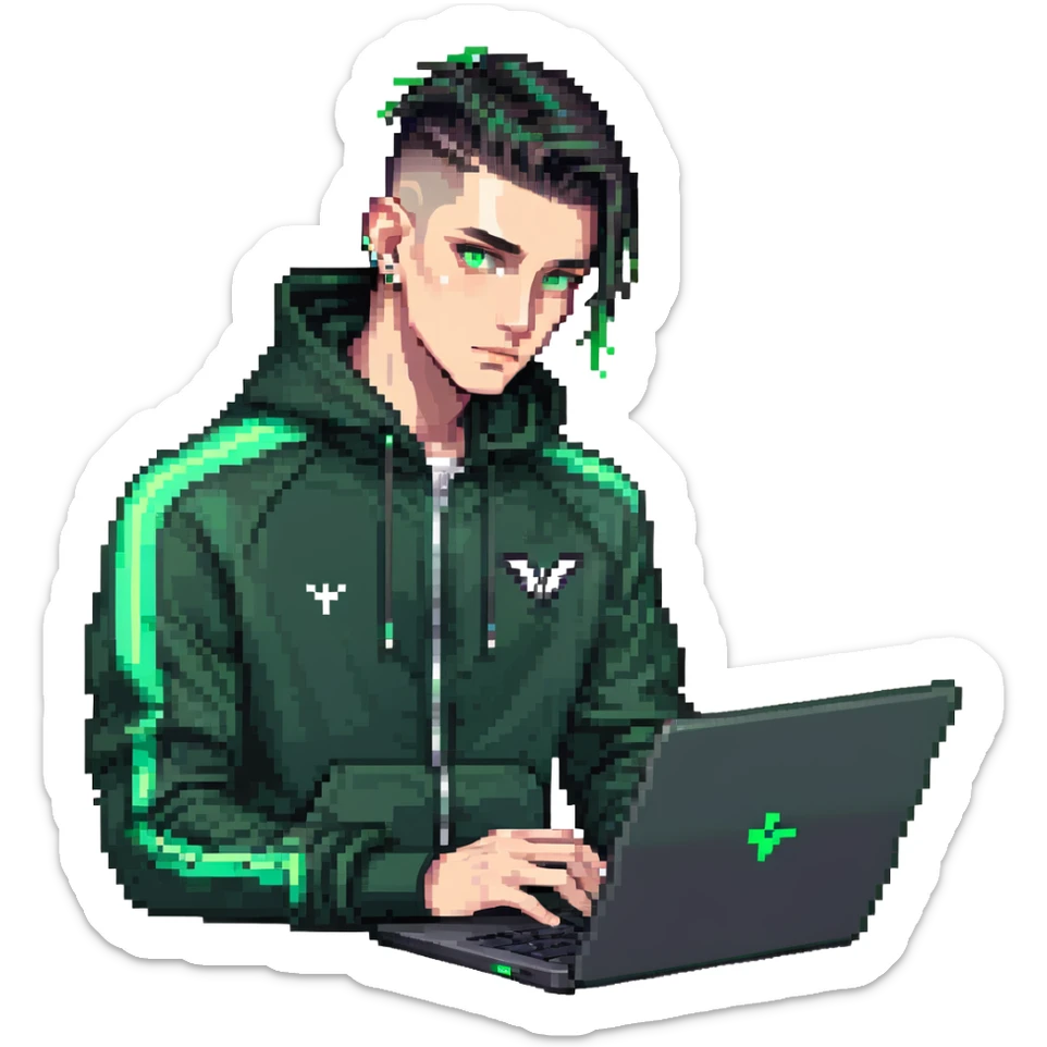 male with dark hair, wearing a black palm angels tracksuit, high fade haircut, slick back hairstyle, green eyes, green aura, coding on black laptop sticker