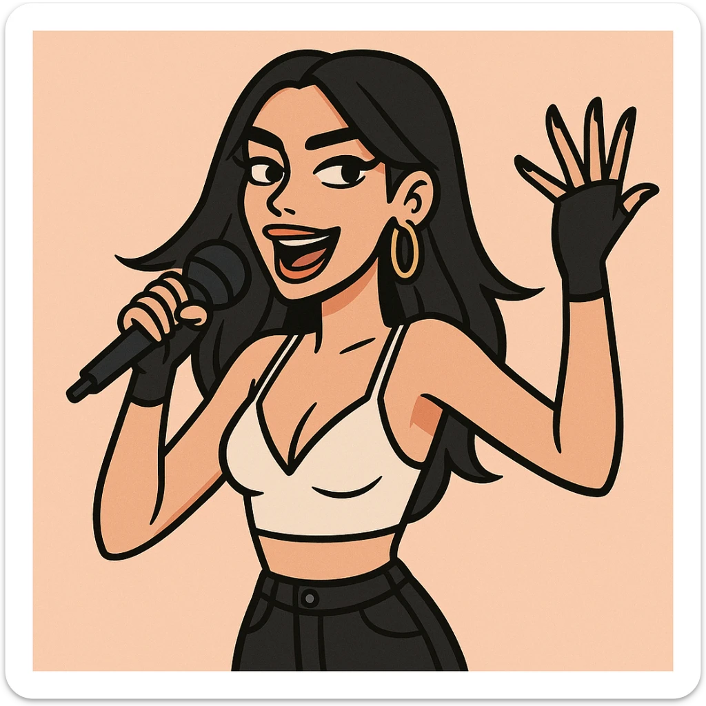 Dua Lipa cartoon portrait, energetic, modern pop star style, signature dark hair sticker