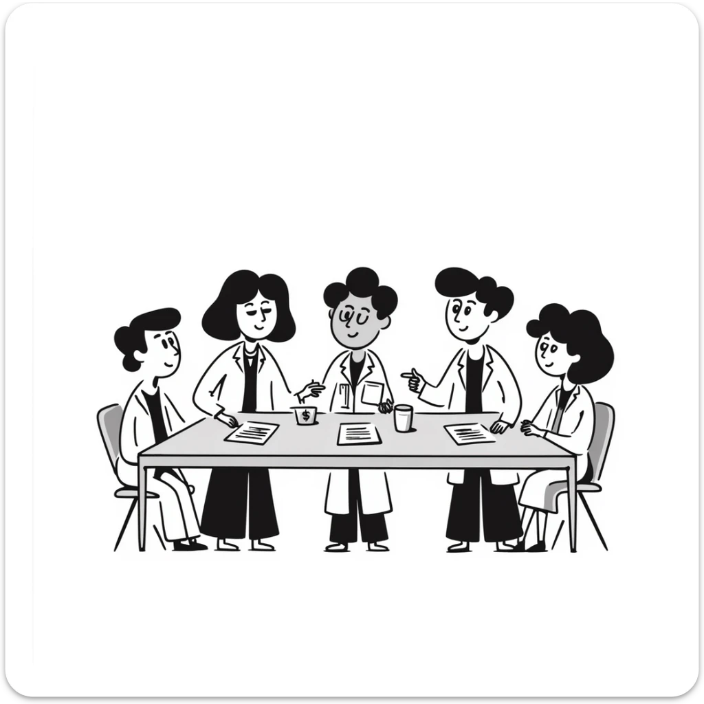 Hand-drawn meeting of emergency medical fund committee with doctors, nurses and financial documents sticker