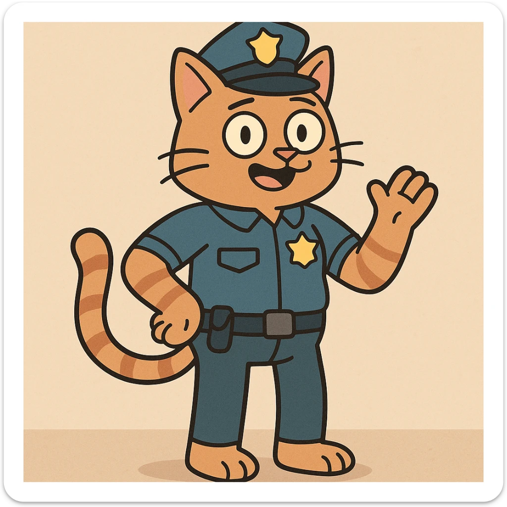 a police officer with a cat body, playful cartoon style, colorful, fun sticker