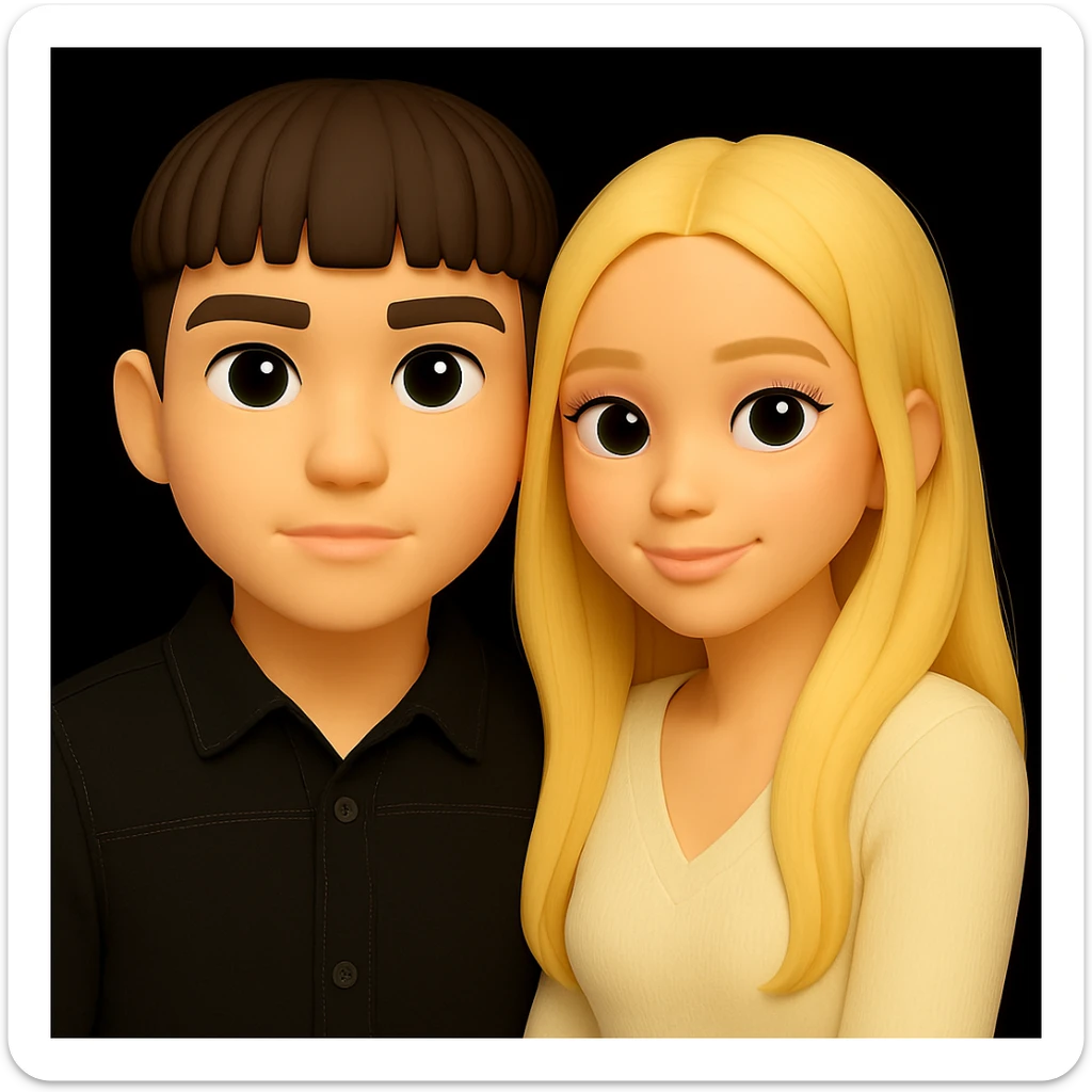 Make the guy's skin color the same as the girl's skin color in the image, keeping the overall 3d-emoji style look and feel, everything else unchanged. sticker