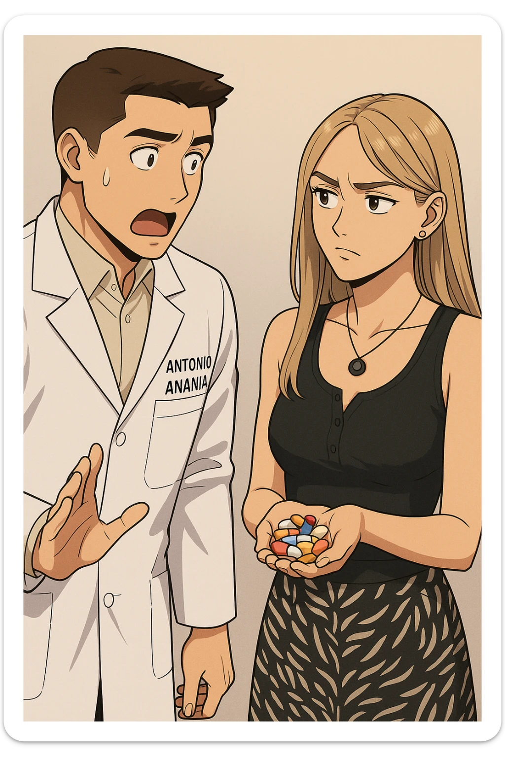 fai un webtoon/manga a colori con questo kinesiologo in camice bianco (fagli la scritta "ANTONIO ANANIA" SUL CAMICE) CHE PARLA CON QUESTA RAGAZZA. LA RAGAZZA HA UN PUGNO DI INTEGRATORI IN MANO (TANTE PILLOLE DIVERSE) E LE GUARDA DUBBIOSA. IL KINESIOLOGO CON IL CAMICE BIANCO LE DOMANDA UNA COSA SCIOCCATO. NON FARE I FUMETTI, FAI SOLO LORO COME SE DIALOGASSERO sticker