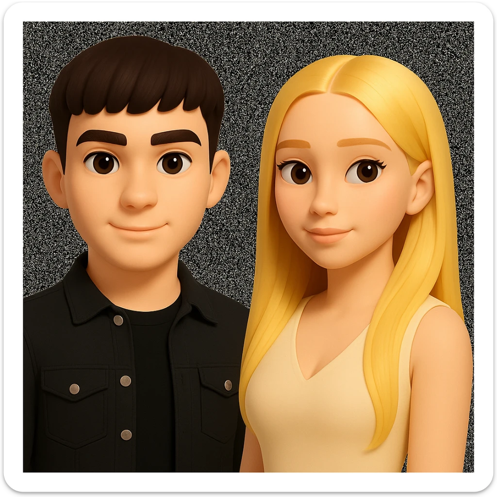 Slightly increase the volume of the upper body of the girl, separate the girl and the boy from each other, and make the skin color the same for both characters. Maintain the cartoonish 3D style as in the reference image. sticker