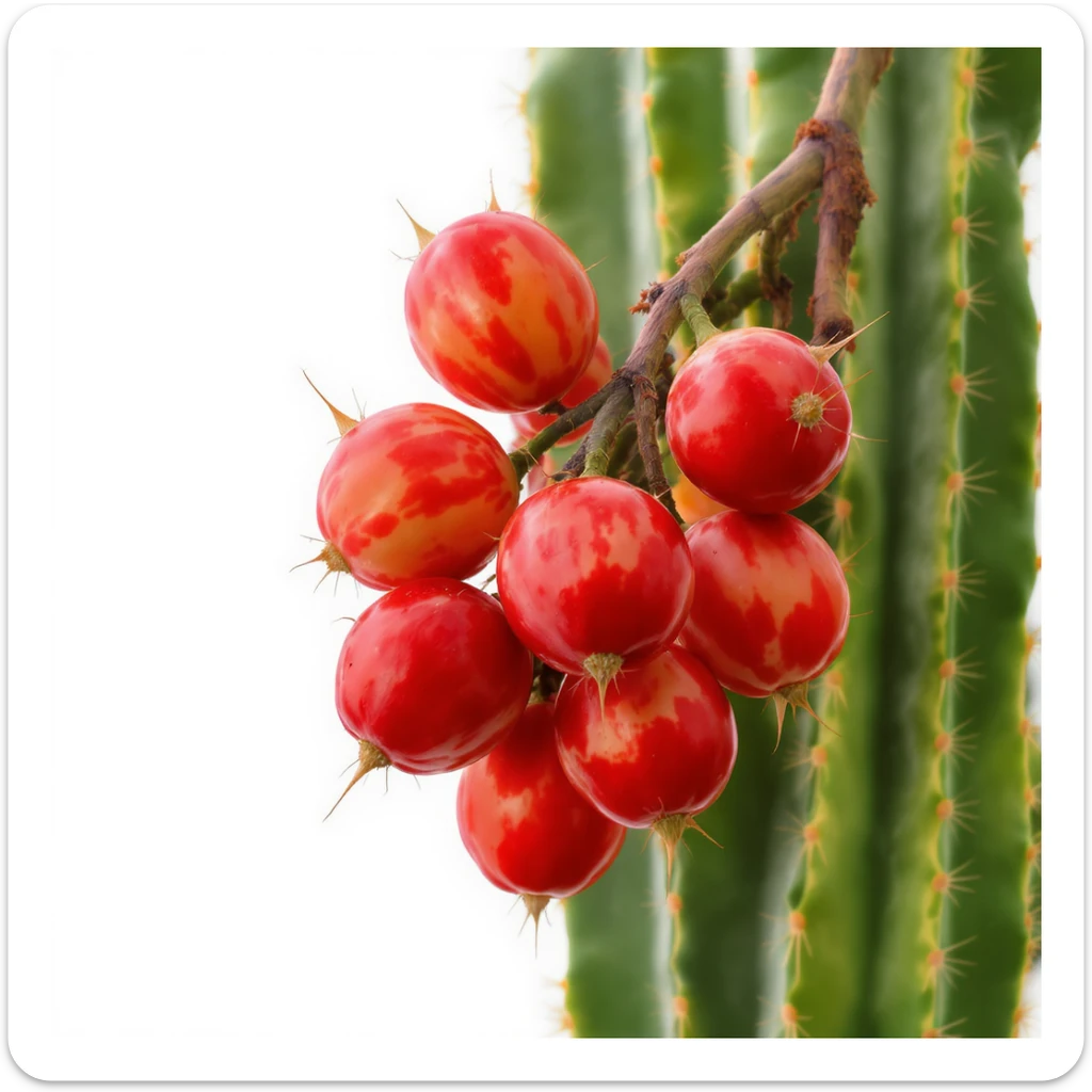 cluster of red round Stenocereus fruits with typical cactus spikes on a branch realistic style white background sticker