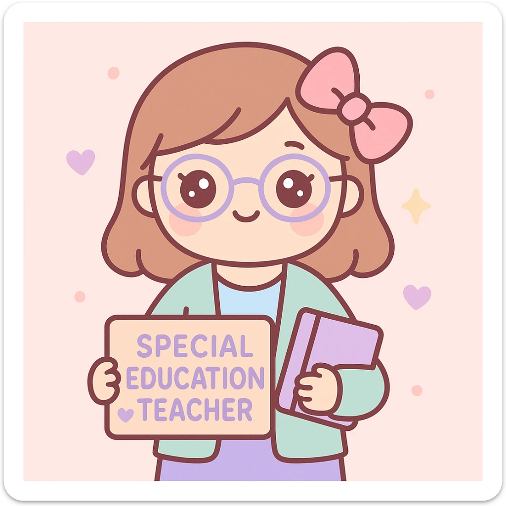 special education teacher with a pink bow in her hair, kawaii style, big eyes, sweet expression, pastel background sticker
