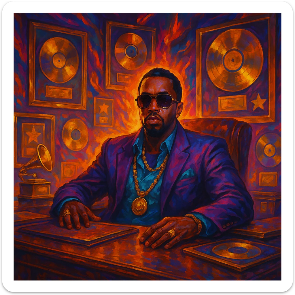 P Diddy as a music mogul, sitting at a desk with records and awards, fantasy illustration style sticker