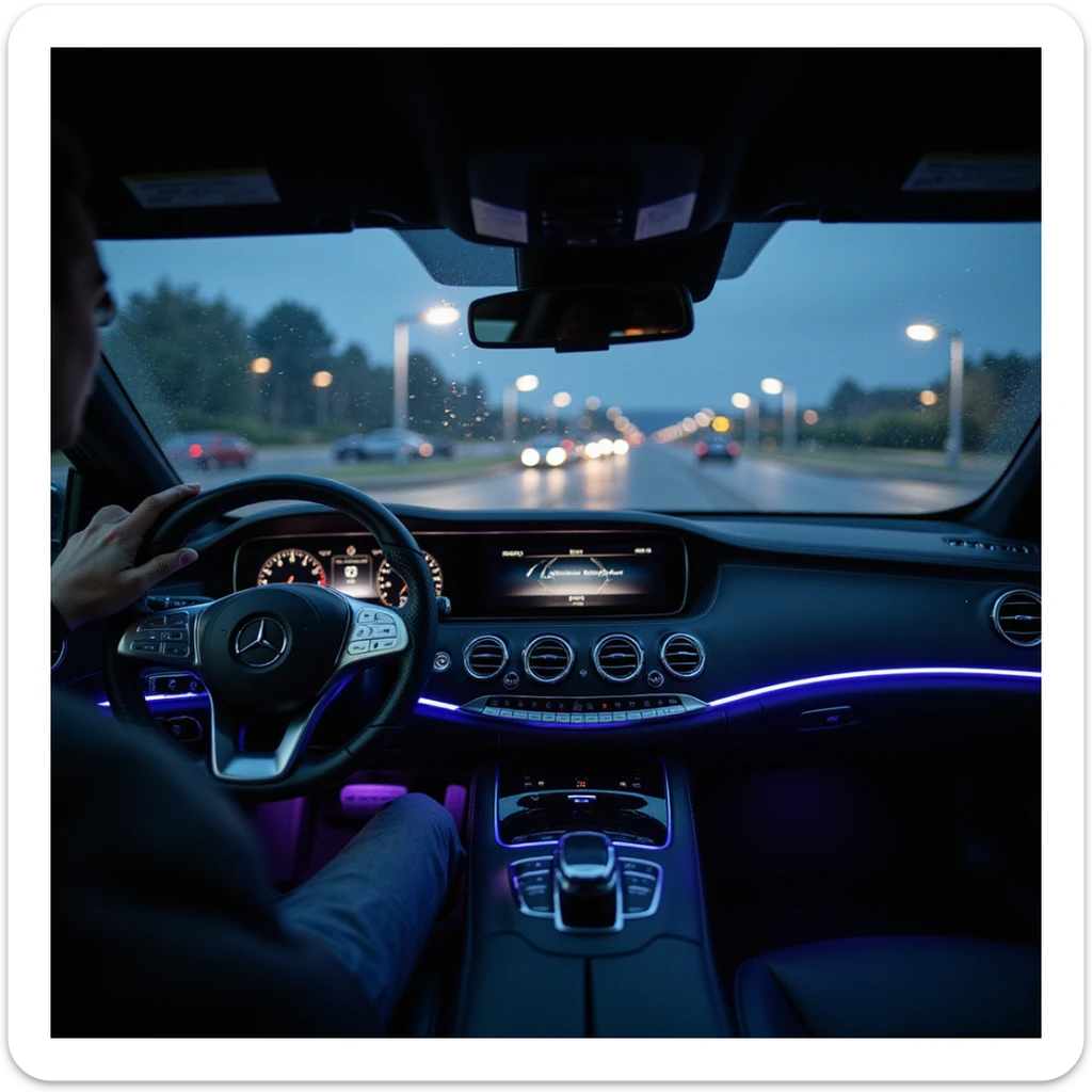 night point of view from directly behind the steering wheel of a 2025 Mercedes S-Class in a parking lot, hyperrealistic luxury interior, blue or purple ambient lighting, glowing dashboard, realistic hand on Mercedes steering wheel, rainy windshield with water droplets, blurred outside, cinematic sticker