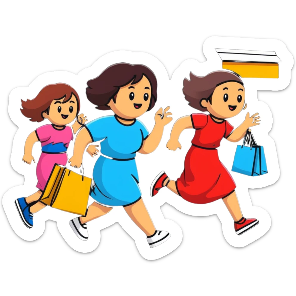 shoppers running with the salesgirl, bright colors and playful expressions sticker