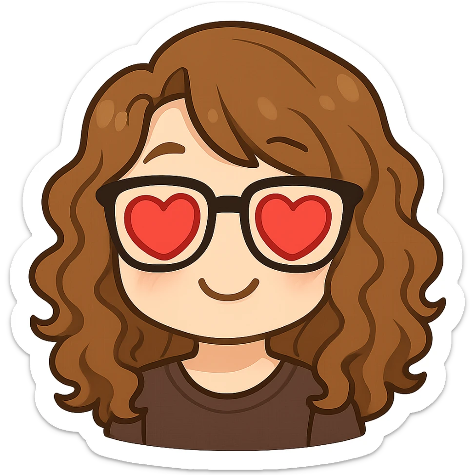 Create a chibi sticker emoji of this person with glasses and curly hair, heart eyes expression, in Twitch emote style, with a transparent background. sticker