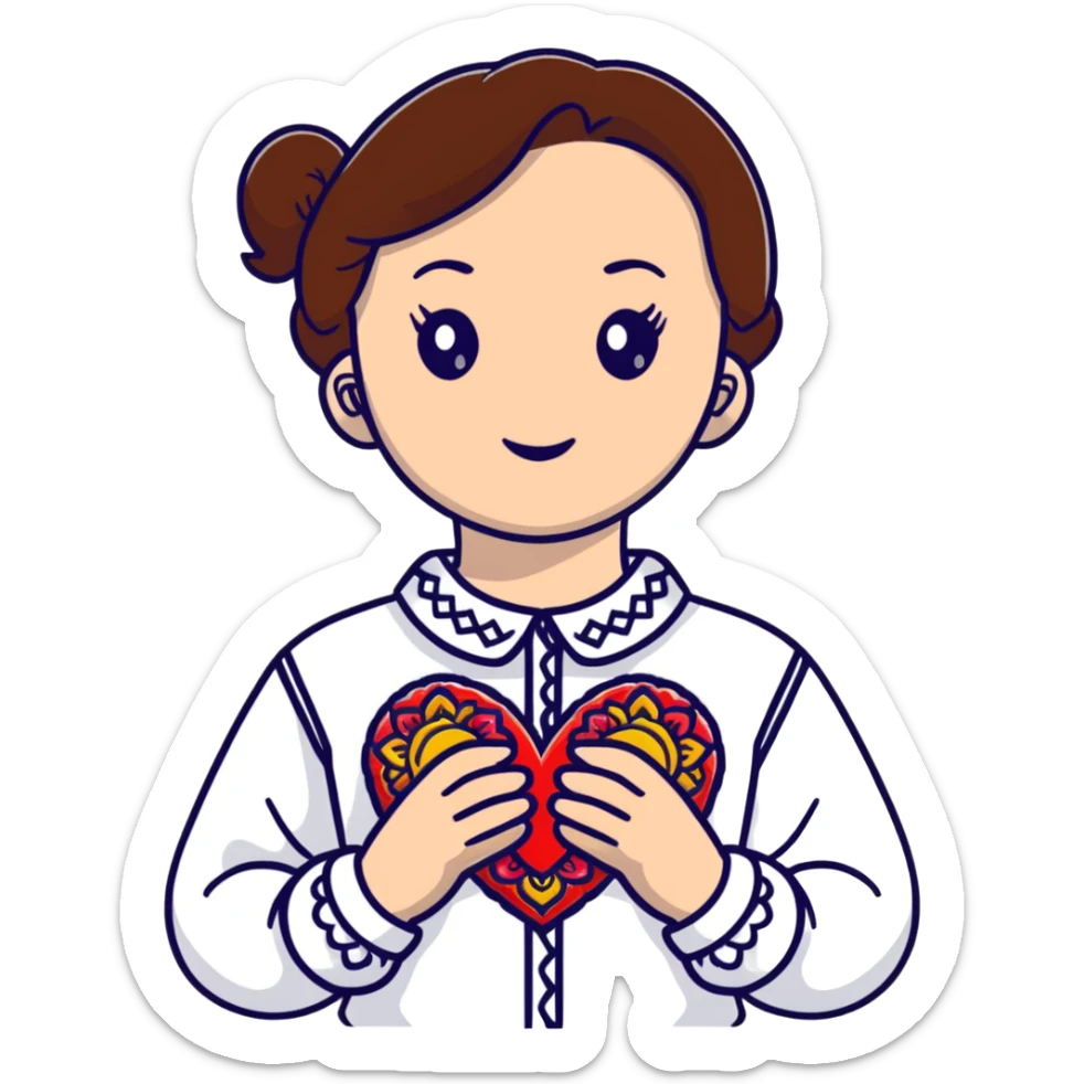 Beautiful young girl with brown hair in a white Ukrainian embroidered shirt holding a large embroidered heart sticker