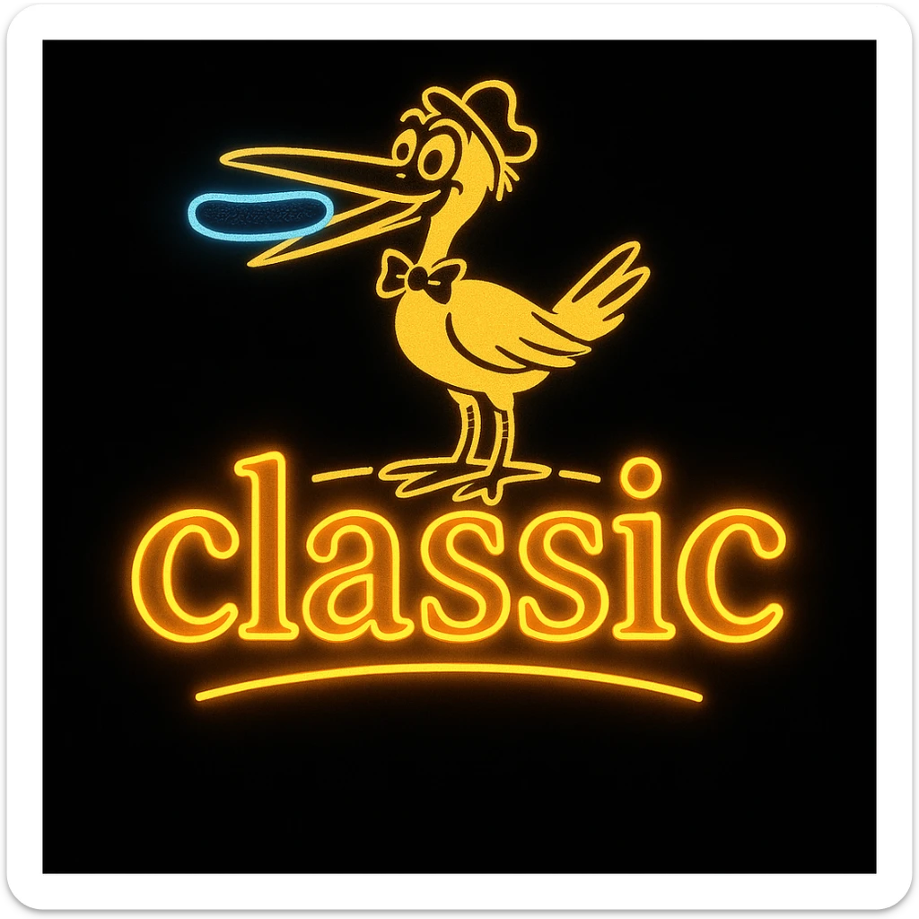 Edit the sign to change the word 'classic' to appear in a bright neon style, as if made from glowing neon tubing, while keeping the Vlasic logo look, the stork mascot, and the hand drawn doodle style. Maintain the hand drawn doodle style but emphasize the neon glow effect on the word 'classic'. sticker
